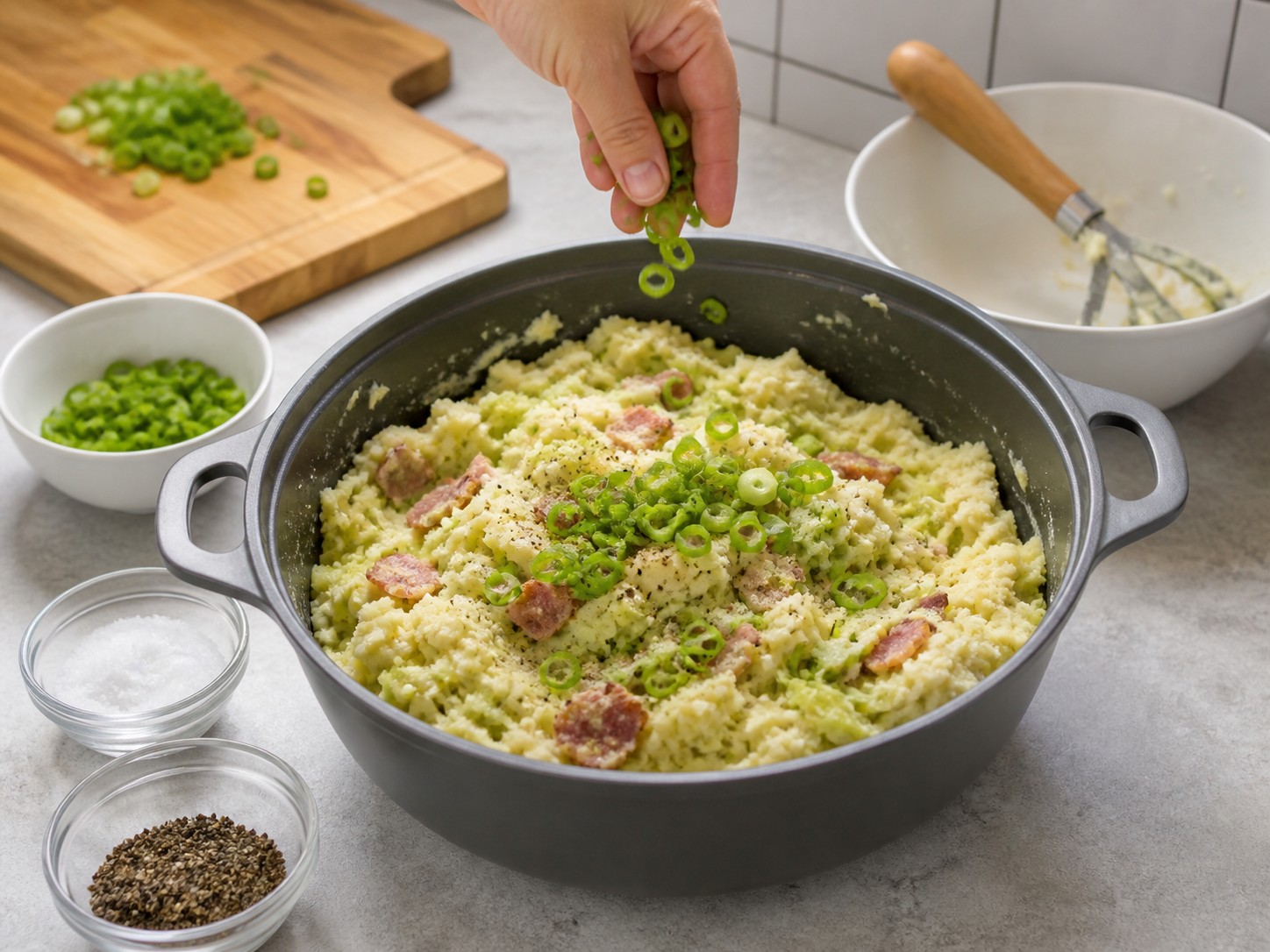 Colcannon Irlandia dengan Bacon dan Kubis — Bumbui dengan daun bawang, garam, dan lada hitam