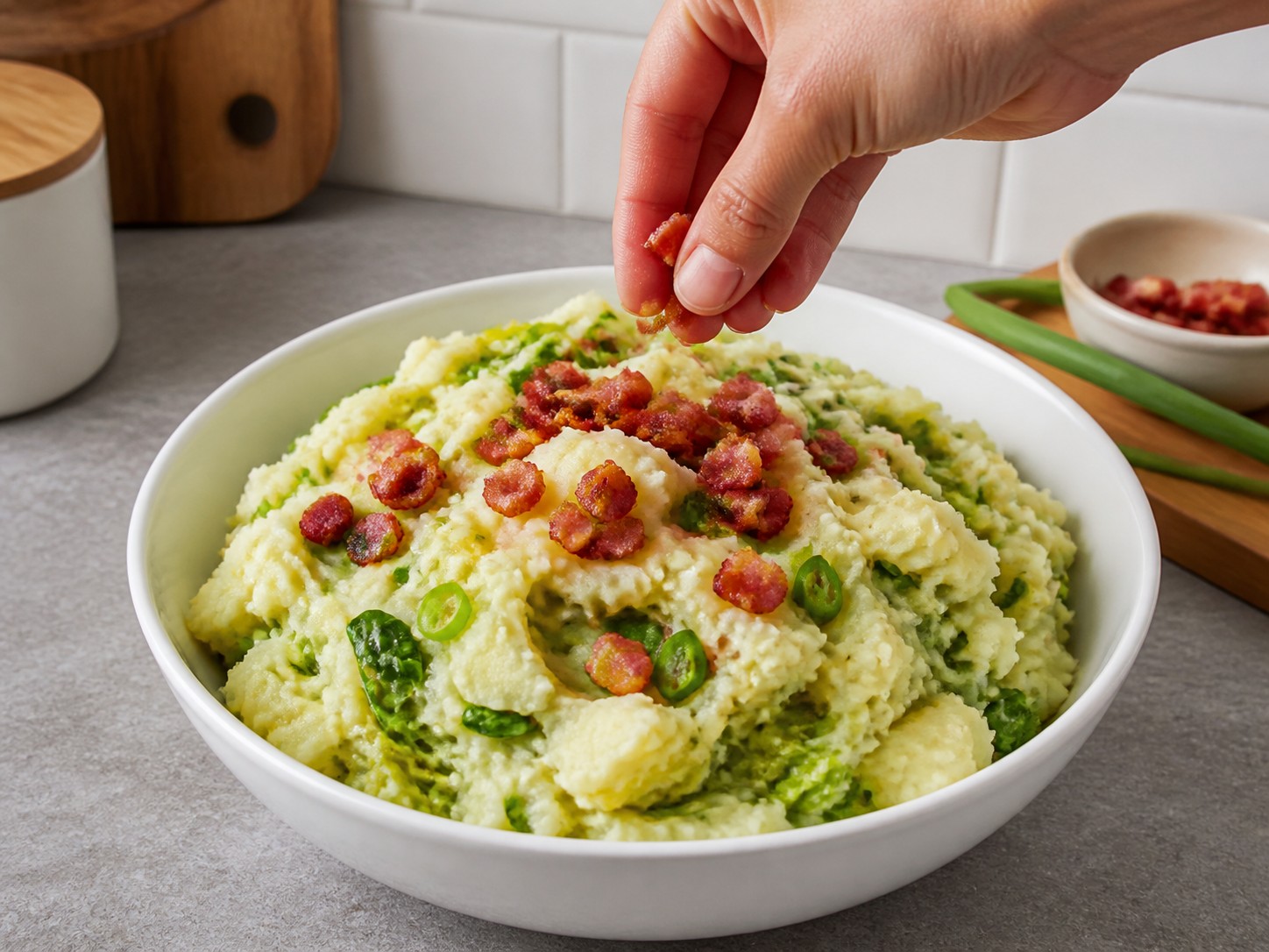 Colcannon Irlandia dengan Bacon dan Kubis — Sajikan dengan sisa bacon renyah
