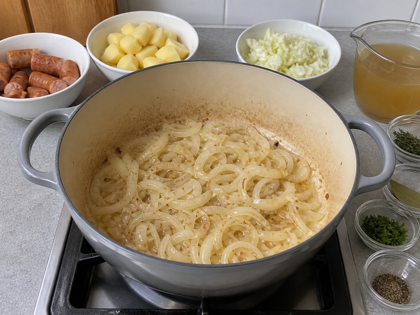 Dublin Coddle Sosis dan Kentang — Lunakkan bawang