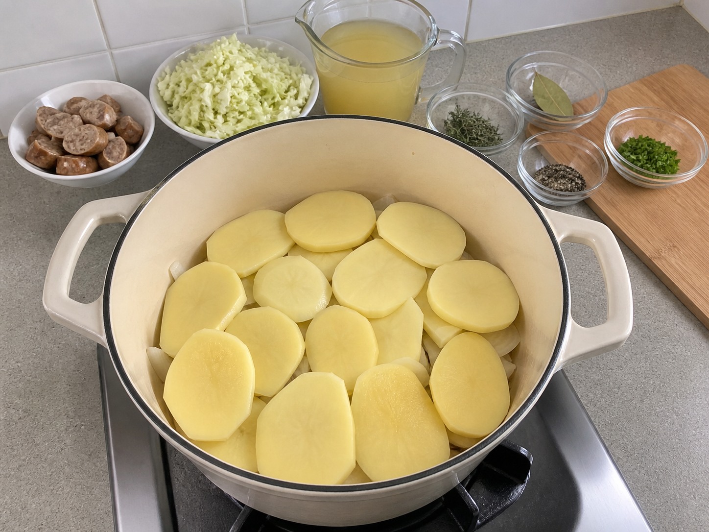 Dublin Coddle Sosis dan Kentang — Susun kentang