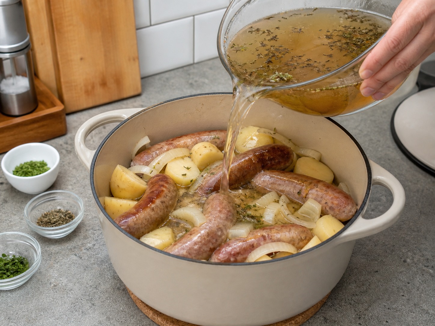 Dublin Coddle Sosis dan Kentang — Tambahkan kaldu dan herba