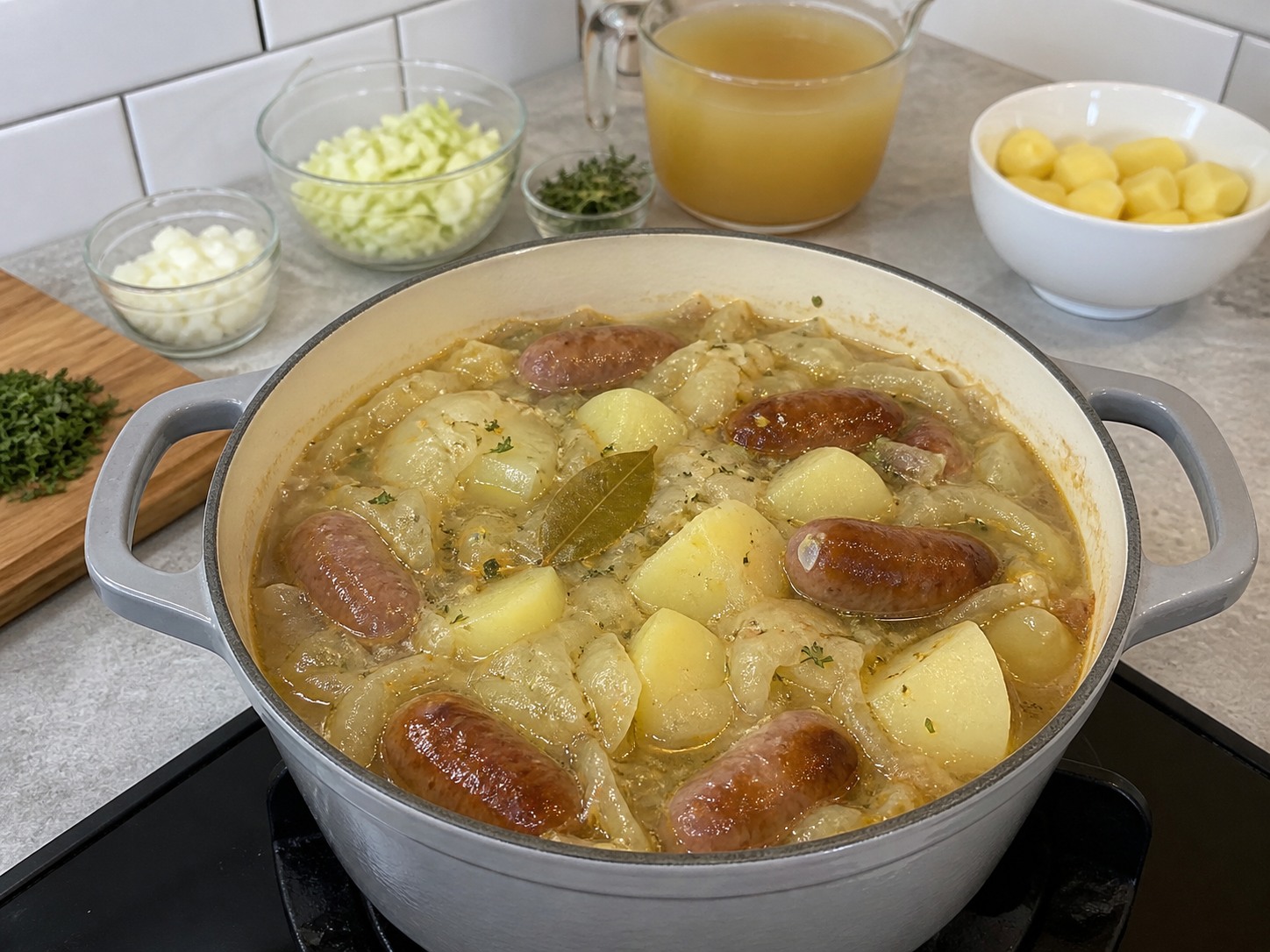 Dublin Coddle Sosis dan Kentang — Selesaikan perebusan