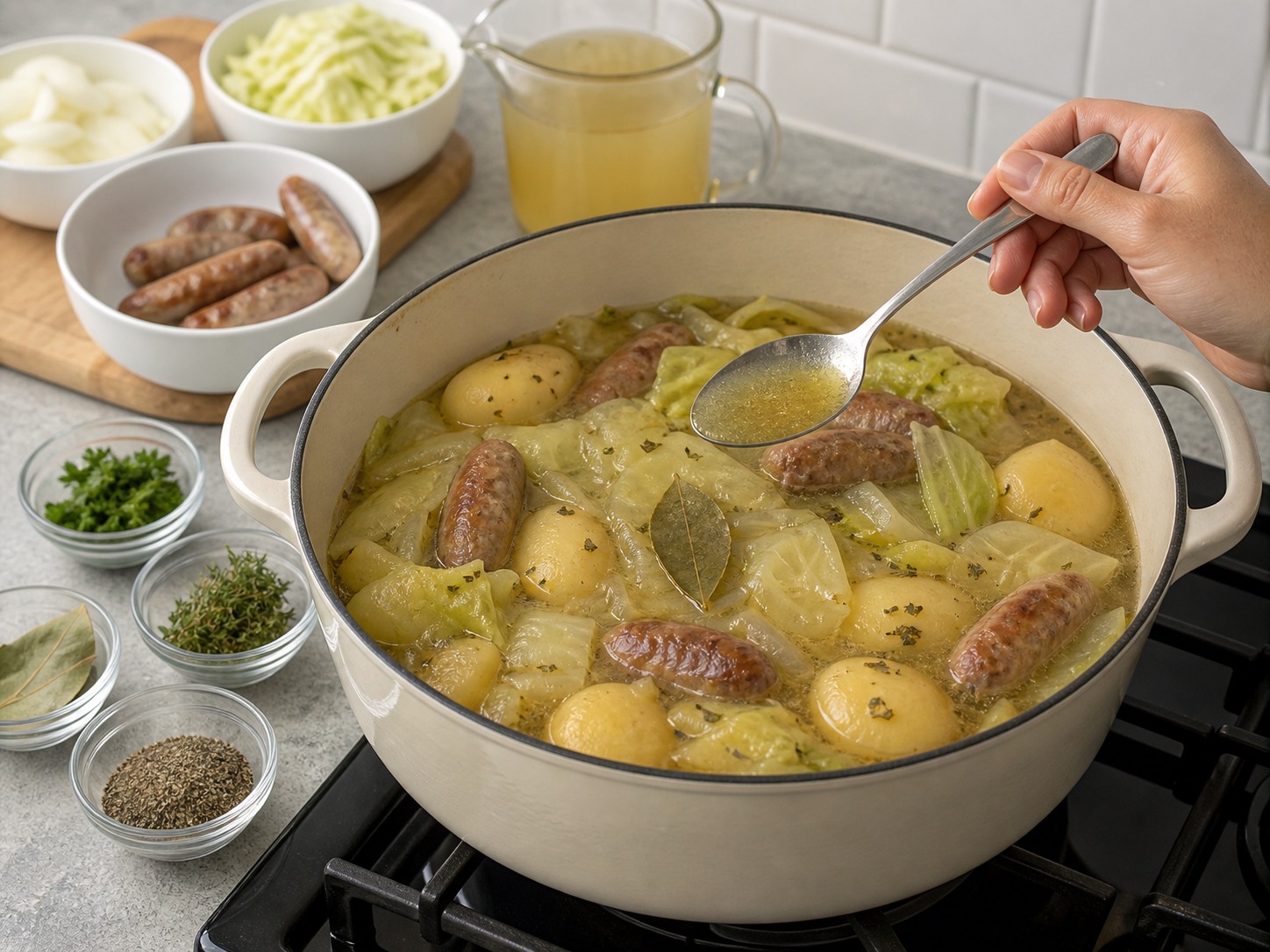 Dublin Coddle Sosis dan Kentang — Periksa rasa kaldu