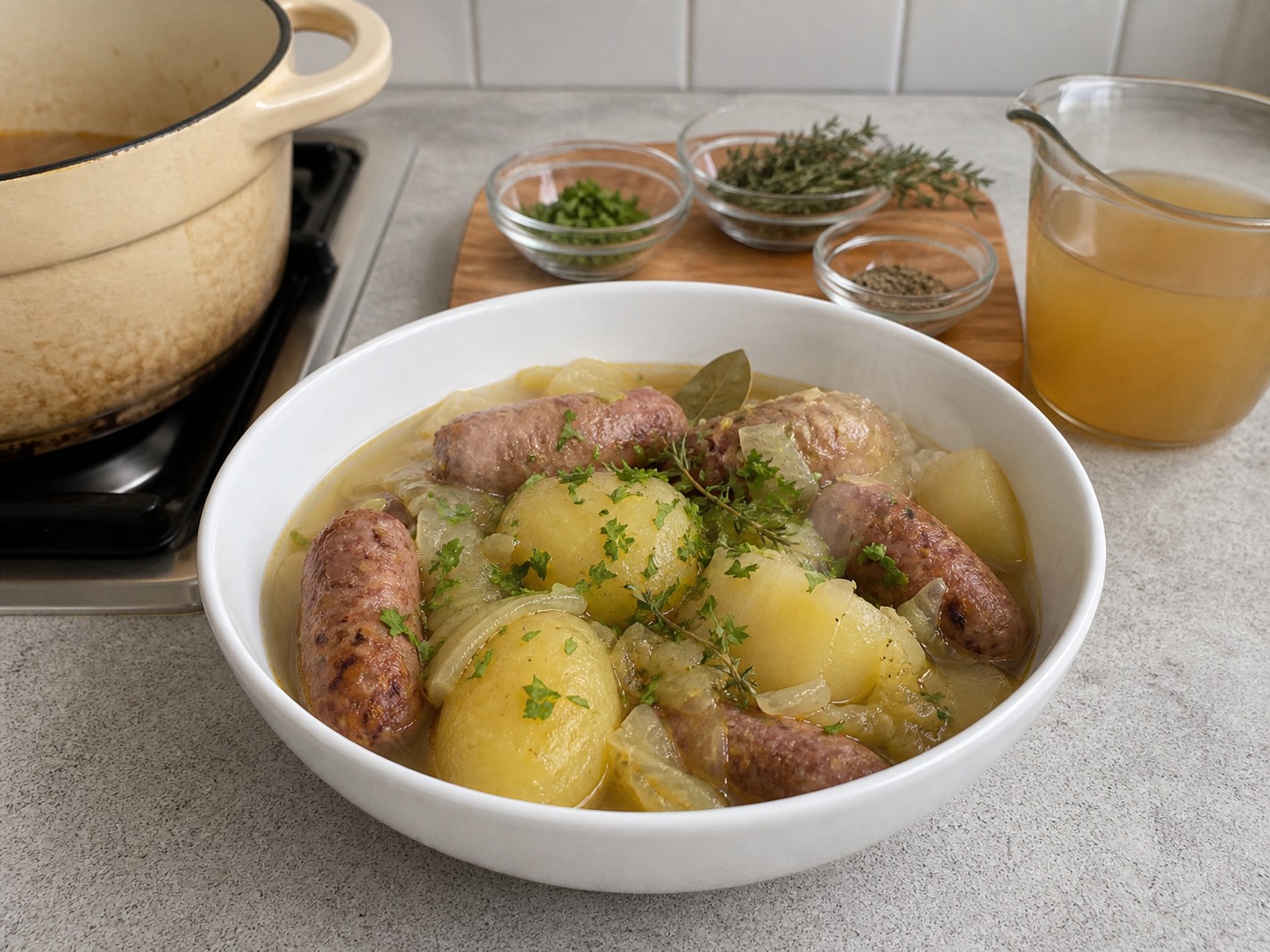 Dublin Coddle Sosis dan Kentang — Hias dan sajikan
