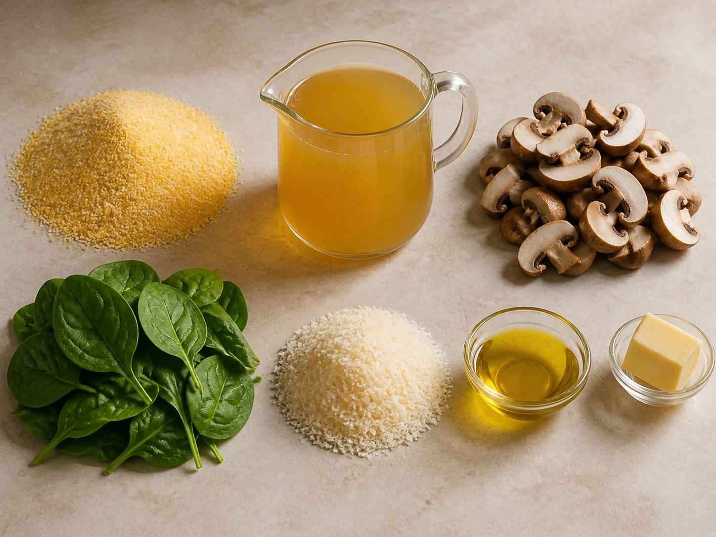 All measured ingredients for Italian Baked Polenta with Mushrooms and Spinach, separated in the recipe quantities before cooking.