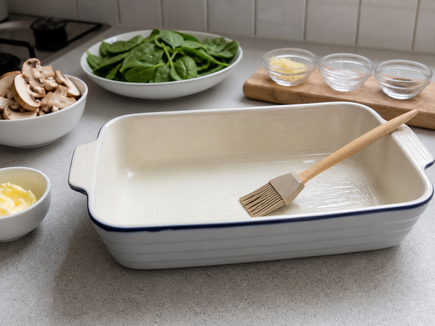 Italian Baked Polenta with Mushrooms and Spinach, step 1, Grease the baking dish: Use 5 g of the butter to coat the base and sides of a medium baking dish, then heat the oven to 200°C.