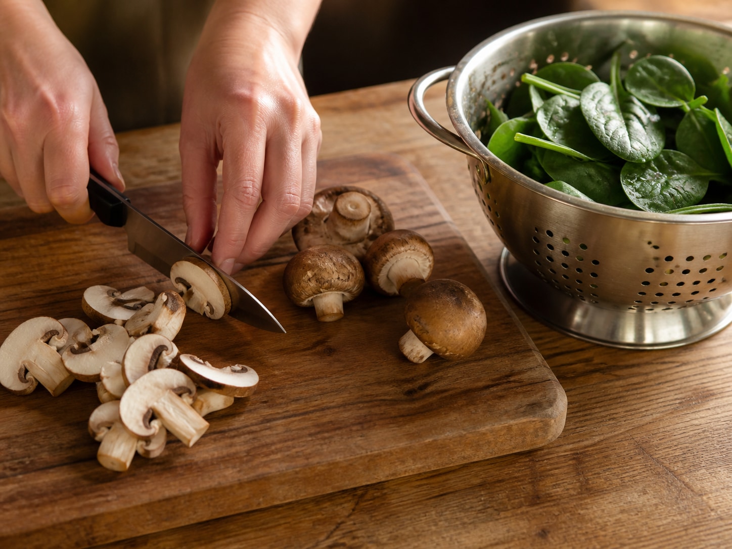 Italian Baked Polenta with Mushrooms and Spinach, step 2, Prepare the mushrooms and spinach: Slice all 300 g mushrooms about 5 mm thick; wash all 200 g spinach and spin or pat it completely dry.