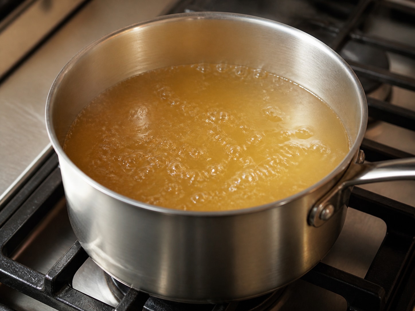 Italian Baked Polenta with Mushrooms and Spinach, step 3, Bring the stock to a simmer: Pour all 900 ml vegetable stock into a heavy saucepan and heat over medium-high until small bubbles rise steadily.