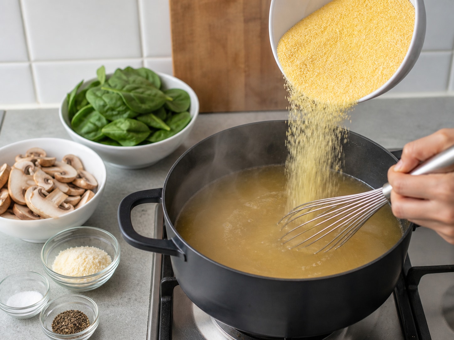 Italian Baked Polenta with Mushrooms and Spinach, step 4, Whisk in the polenta gradually: Lower to medium heat and pour all 250 g polenta into the simmering stock in a thin stream while whisking continuously to prevent lumps.