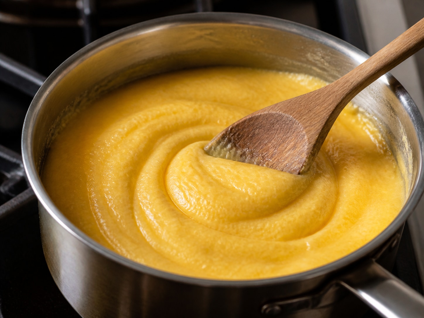 Italian Baked Polenta with Mushrooms and Spinach, step 5, Cook the polenta until smooth: Reduce to low heat and cook for 8 minutes, whisking every minute, until very thick, smooth, and no gritty grains remain.