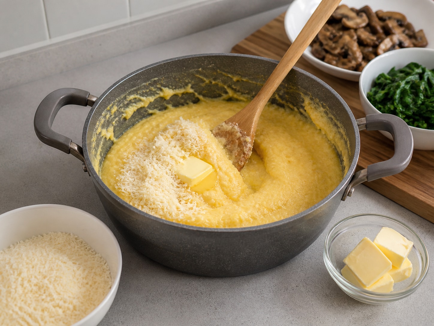 Italian Baked Polenta with Mushrooms and Spinach, step 6, Enrich the polenta with butter and cheese: Remove from the heat and stir in the remaining 15 g butter and 50 g Parmesan until fully melted and evenly blended.