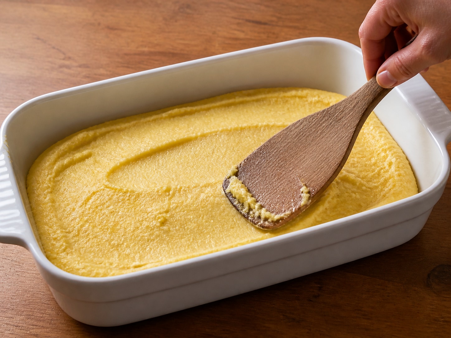 Italian Baked Polenta with Mushrooms and Spinach, step 7, Spread the polenta in the dish: Scrape all the hot polenta into the greased dish and smooth it into an even layer about 3 cm deep.
