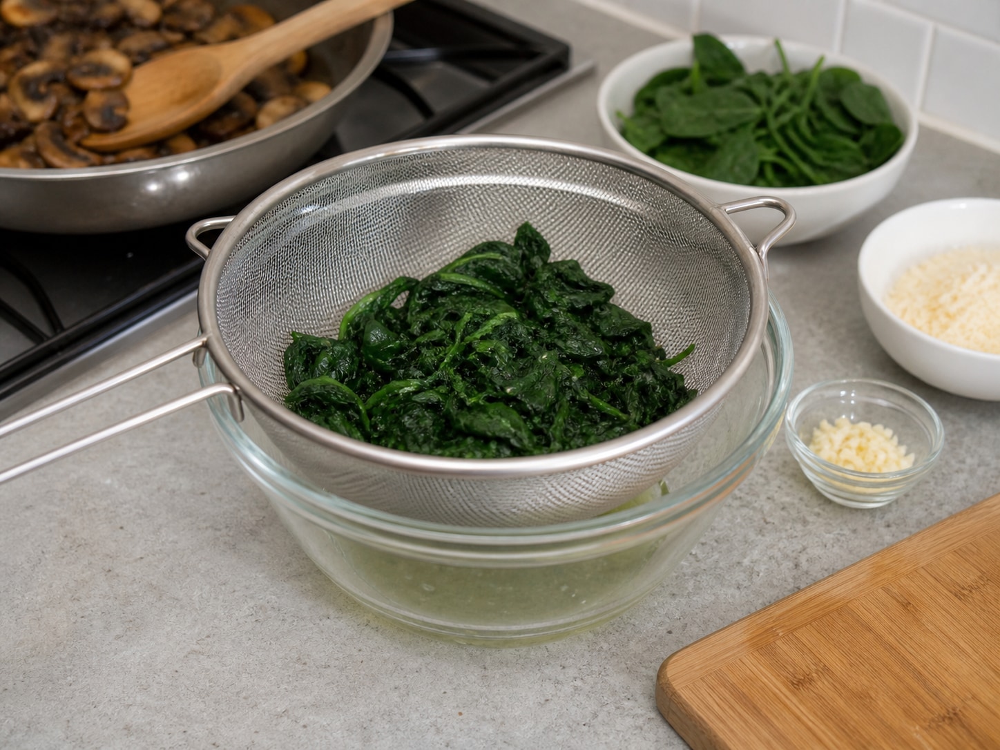 Italian Baked Polenta with Mushrooms and Spinach, step 9, Wilt and dry the spinach: Add all 200 g dry spinach to the mushrooms and toss over medium heat for 2 minutes until just wilted; keep cooking only until released water has evaporated.