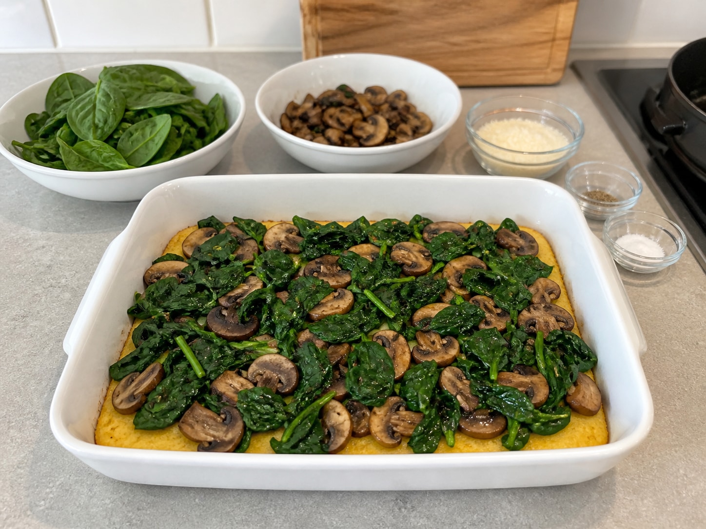 Italian Baked Polenta with Mushrooms and Spinach, step 10, Layer the vegetables over the polenta: Spread the cooked mushrooms and spinach evenly over the polenta, reaching the corners without pressing the topping into the base.