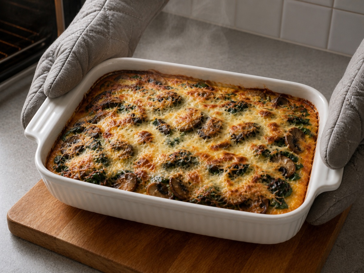Italian Baked Polenta with Mushrooms and Spinach, step 11, Bake with the remaining Parmesan: Scatter the remaining 50 g Parmesan evenly over the top and bake at 200°C for 15 minutes until bubbling at the edges and golden in patches.