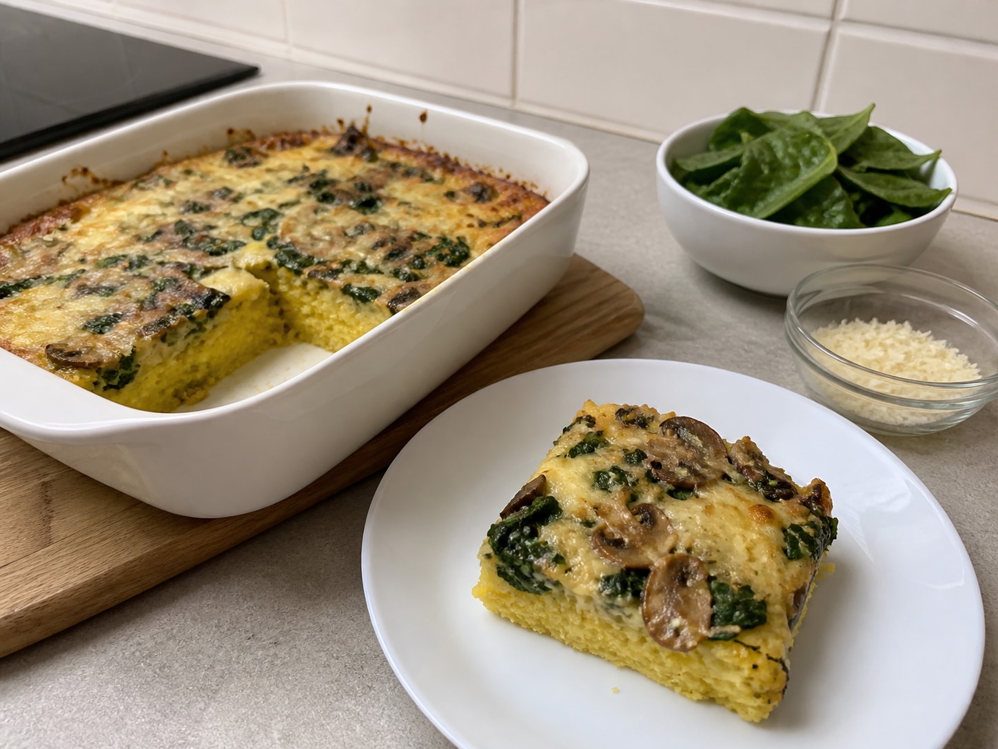 Italian Baked Polenta with Mushrooms and Spinach, step 12, Rest before cutting: Remove the hot dish from the oven and rest for 5 minutes so the polenta firms, then cut into 4 portions and serve warm.