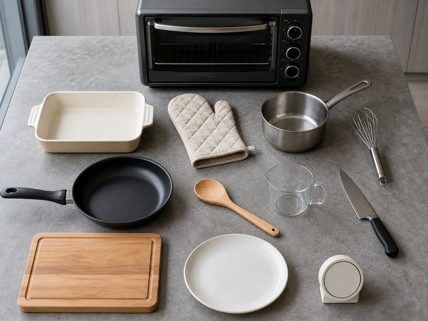 Tools required for Italian Baked Polenta with Mushrooms and Spinach: oven, baking dish, oven mitts, saucepan, whisk, frying pan, wooden spoon, measuring cup, knife, cutting board, serving plate, timer, all clean, empty and separately visible.