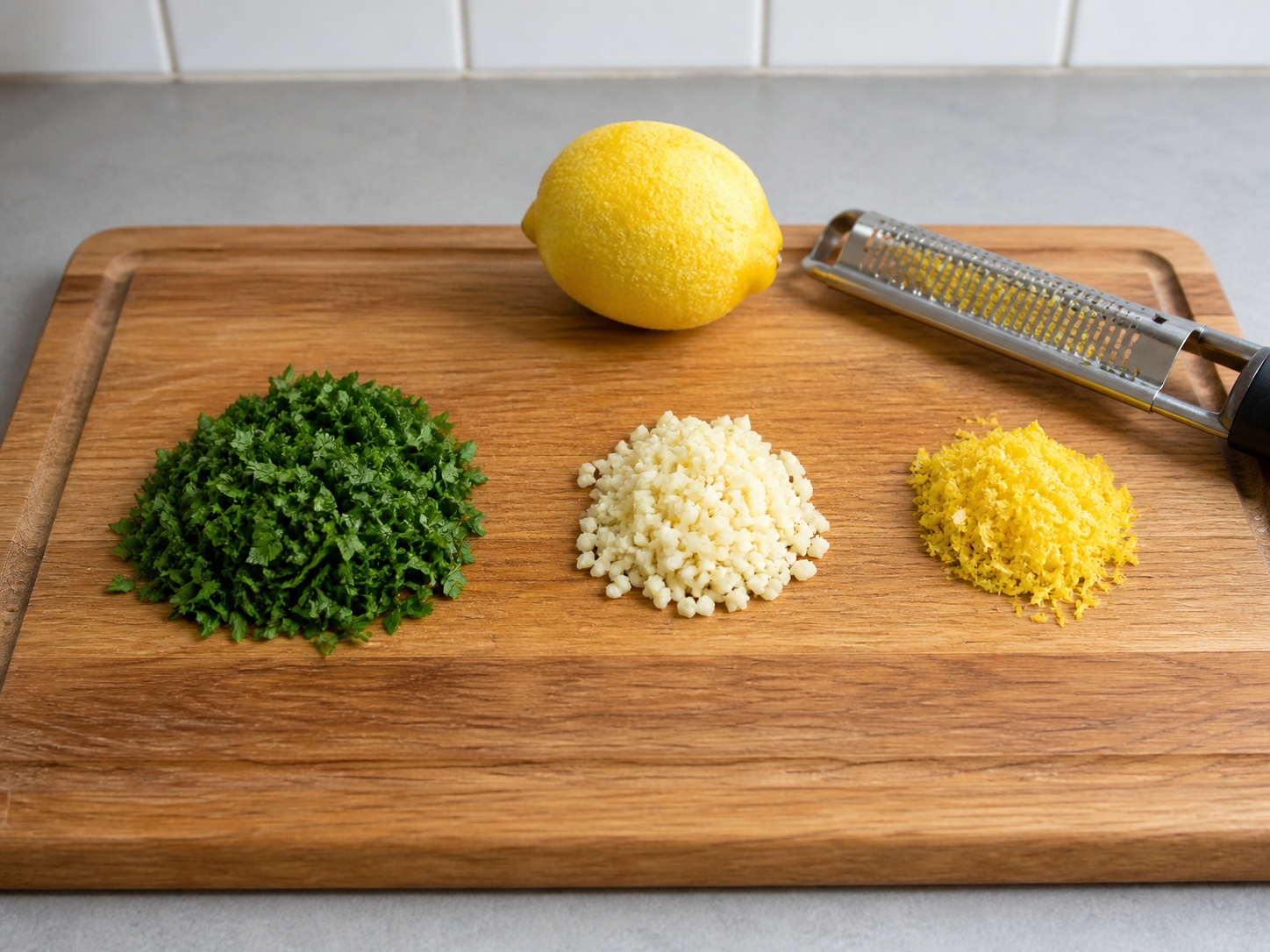 Italyanong Inihurnong Pusit na Pinalamanan ng Herba at Breadcrumbs — Ihanda ang herbs at bawang: Tadtarin ang parsley at bawang at kayurin ang balat ng lemon.