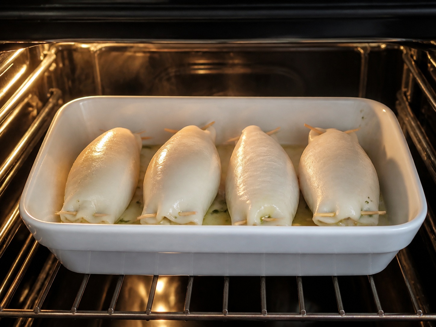 Italyanong Inihurnong Pusit na Pinalamanan ng Herba at Breadcrumbs — Simulang i-bake: I-bake sa 190°C nang 15 minuto hanggang magsimulang tumatag ang squid.