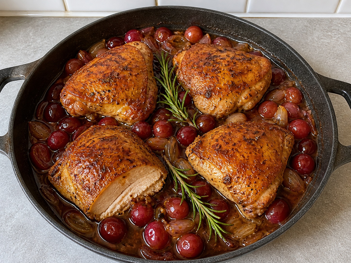 Italian Balsamic Chicken with Grapes and Rosemary: Browned chicken thighs braise briefly with grapes, balsamic vinegar and rosemary in a glossy sweet-tart pan juice.