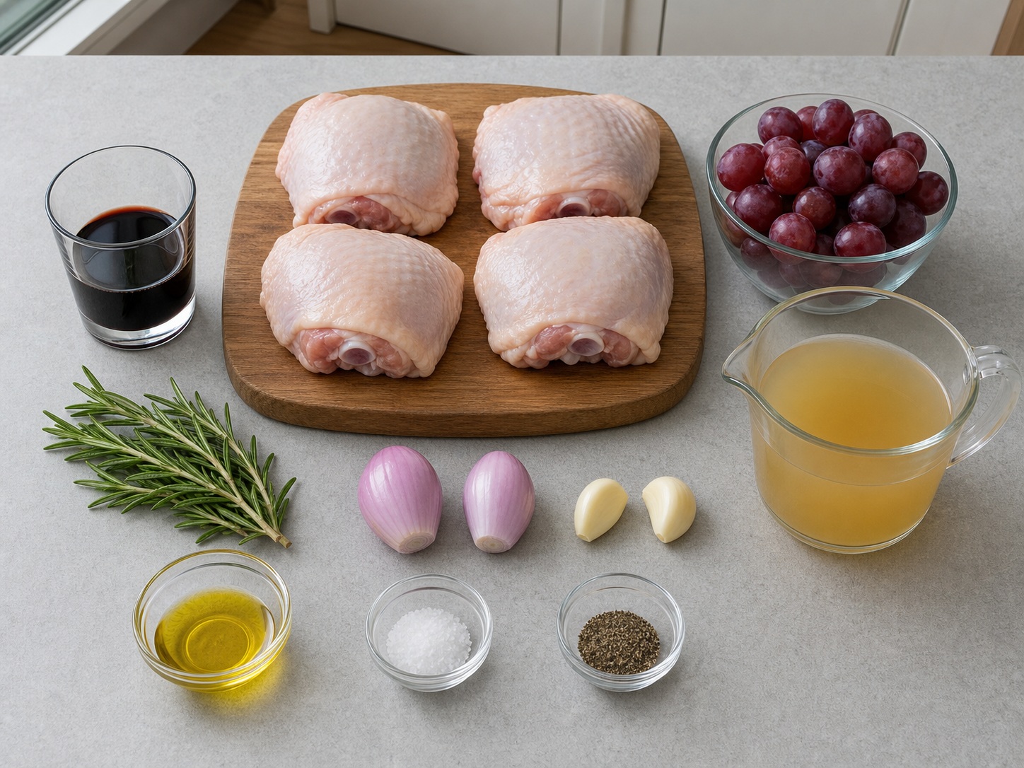 Italian Balsamic Chicken with Grapes and Rosemary: 700 g chicken, 250 g seedless grapes, 60 ml balsamic vinegar, 10 g rosemary, 2 piece shallots, 2 piece garlic, 180 ml chicken stock, 1 tbsp olive oil, 1 tsp salt, 1 tsp Black pepper