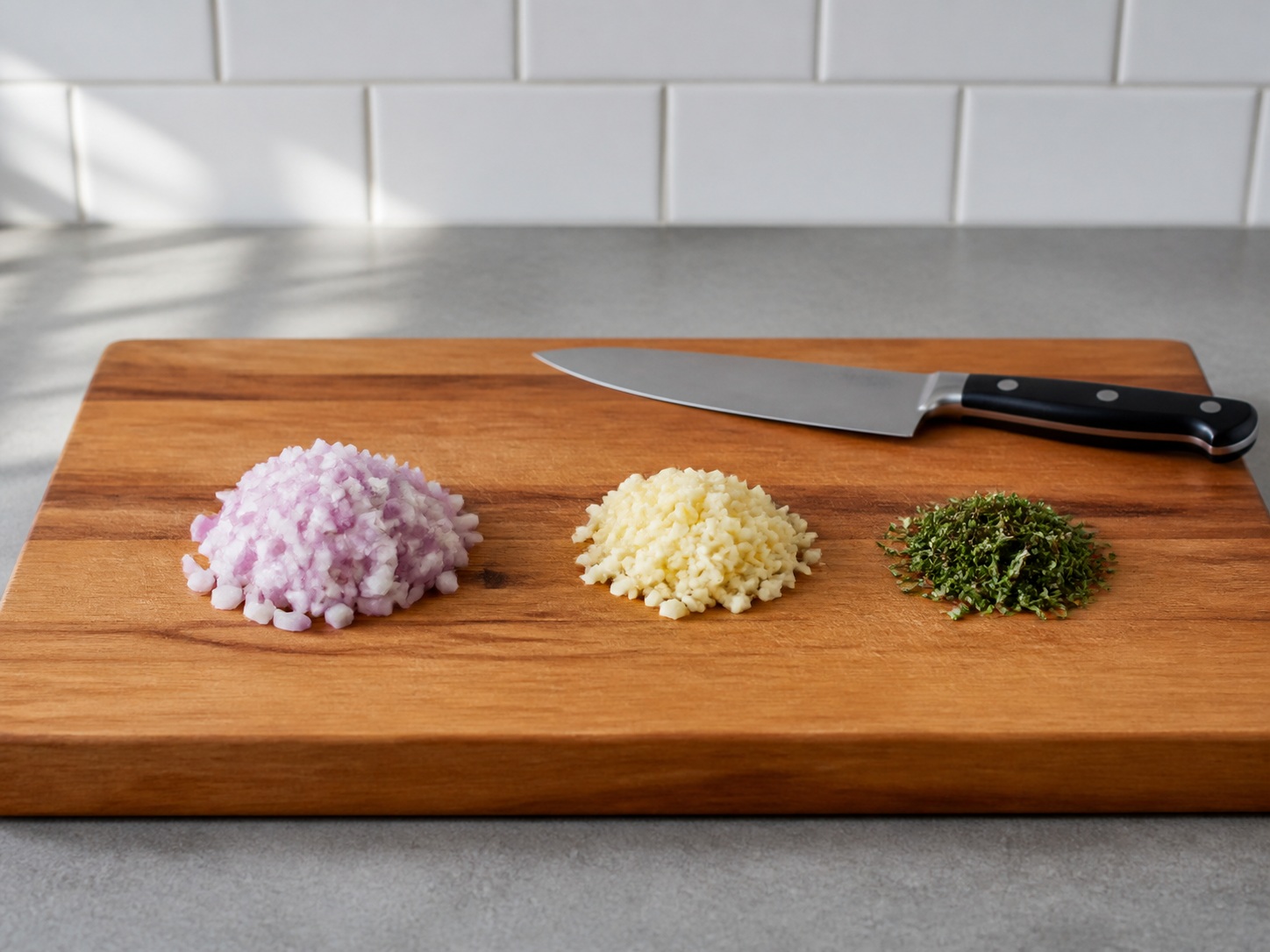 Italian Balsamic Chicken with Grapes and Rosemary — Prepare aromatics: Finely chop shallots, garlic and rosemary leaves.