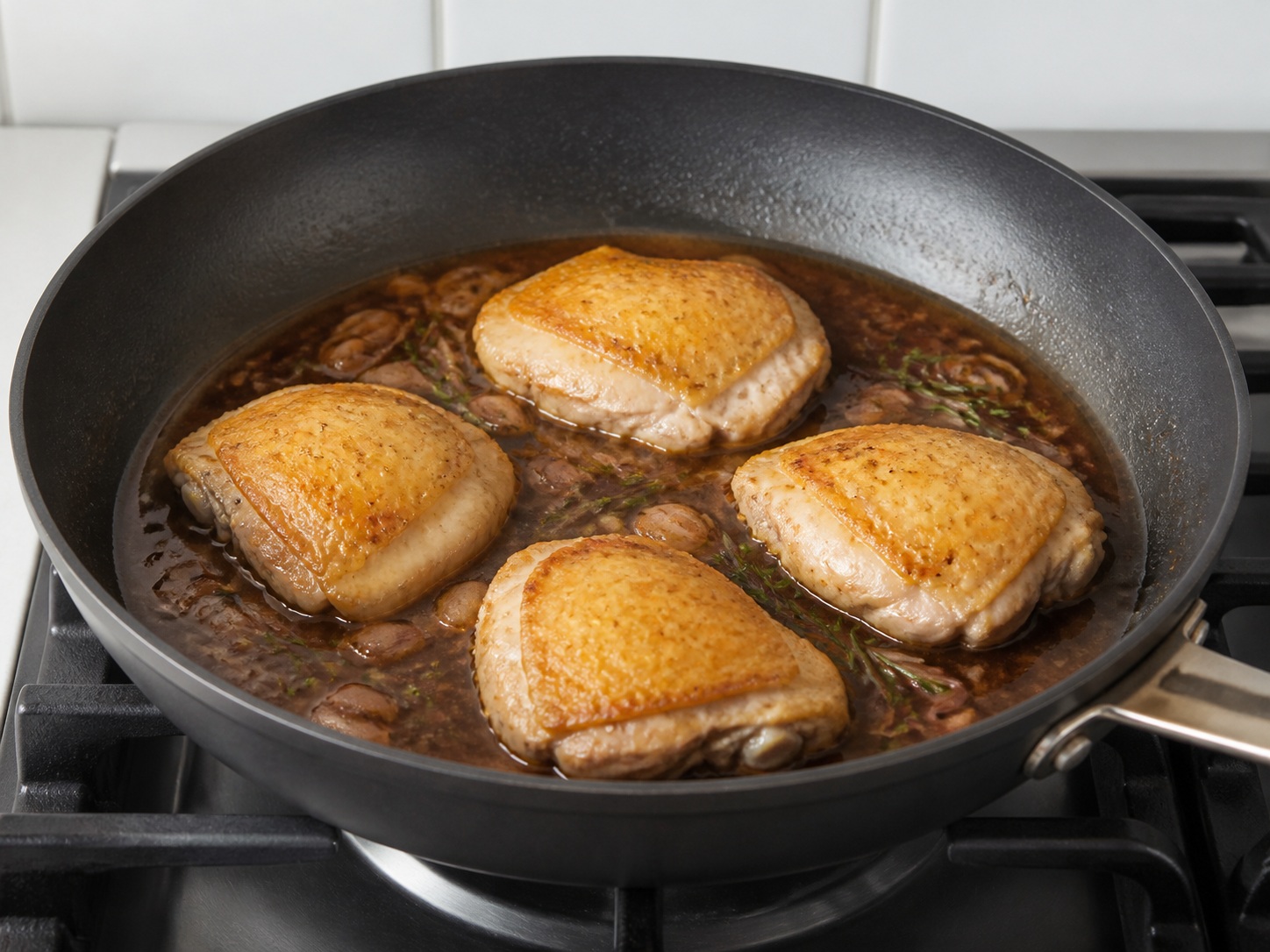 Italian Balsamic Chicken with Grapes and Rosemary — Add stock and chicken: Add chicken stock and return the chicken with its juices.