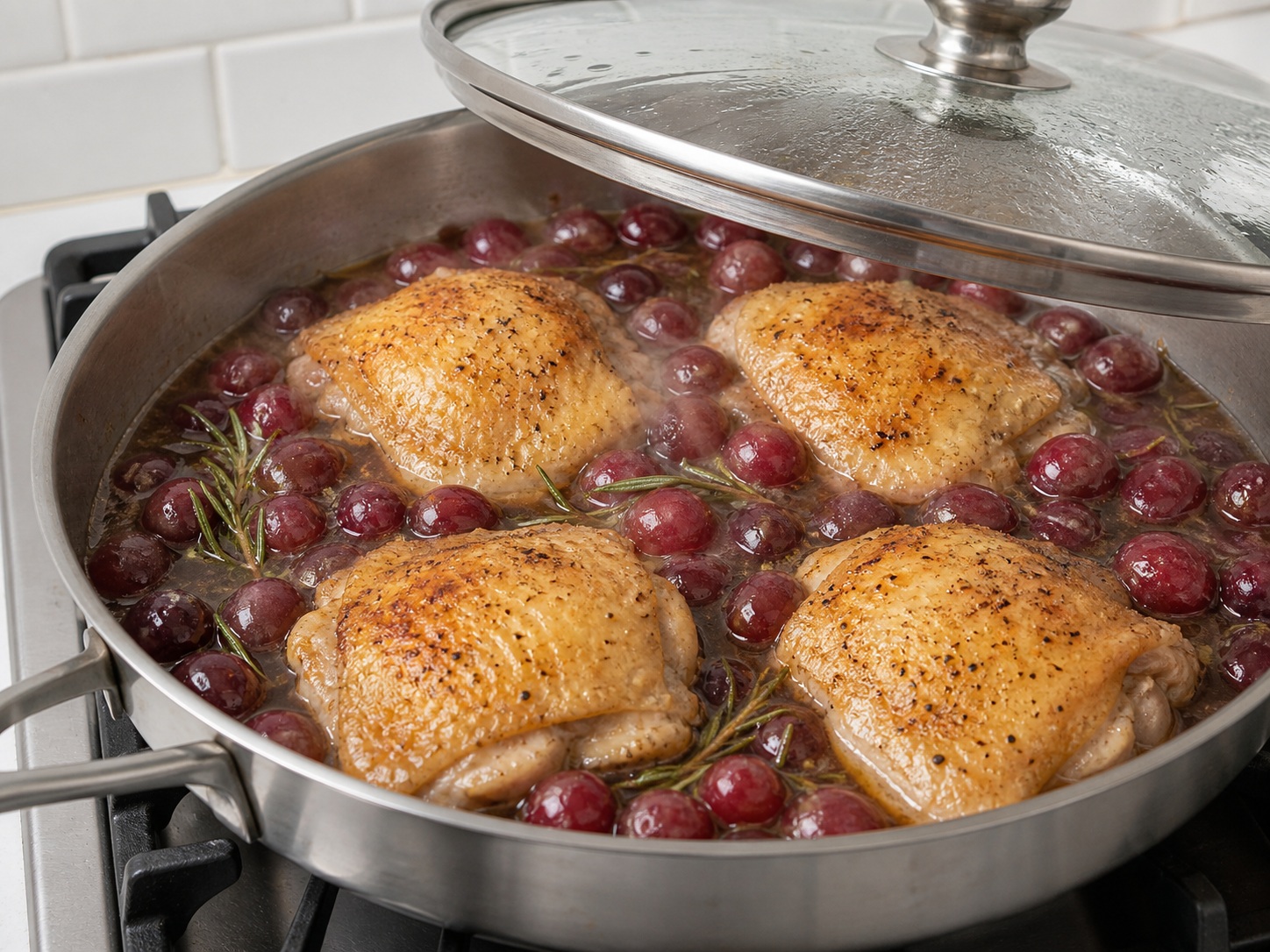 Italian Balsamic Chicken with Grapes and Rosemary — Braise with grapes: Add grapes, cover and braise gently 8 minutes until chicken reaches 75°C.