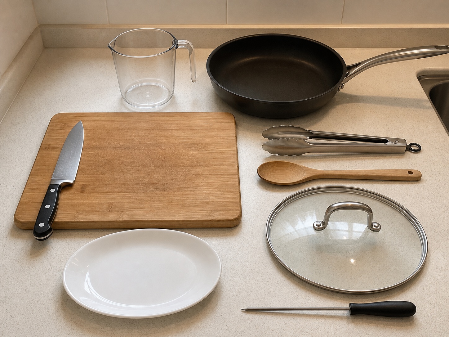 Italian Balsamic Chicken with Grapes and Rosemary: knife, cutting board, measuring cup, frying pan, tongs, wooden spoon, lid, food thermometer, serving plate