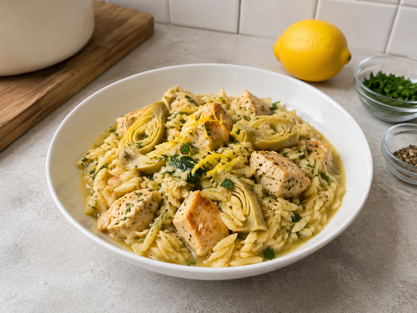 Orzo Ayam Artichoke Lemon Italia: Ayam, orzo, dan artichoke dimasak bersama dalam kaldu herba lemon segar.