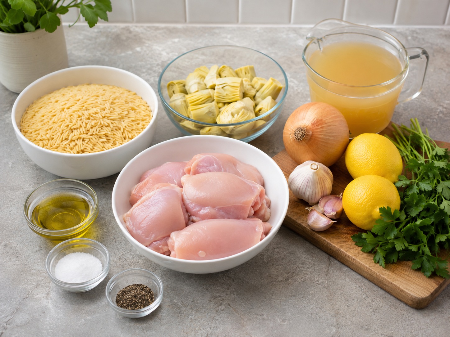 Italian Chicken, Artichoke at Lemon Orzo: 600 g manok, 280 g orzo pasta, 250 g artichoke hearts, 1 piraso sibuyas, 2 piraso bawang, 800 ml sabaw ng manok, 1 piraso lemon, 15 g parsley, 1 kutsara olive oil, 1 kutsarita asin, 1 kutsarita Dinurog na itim na paminta