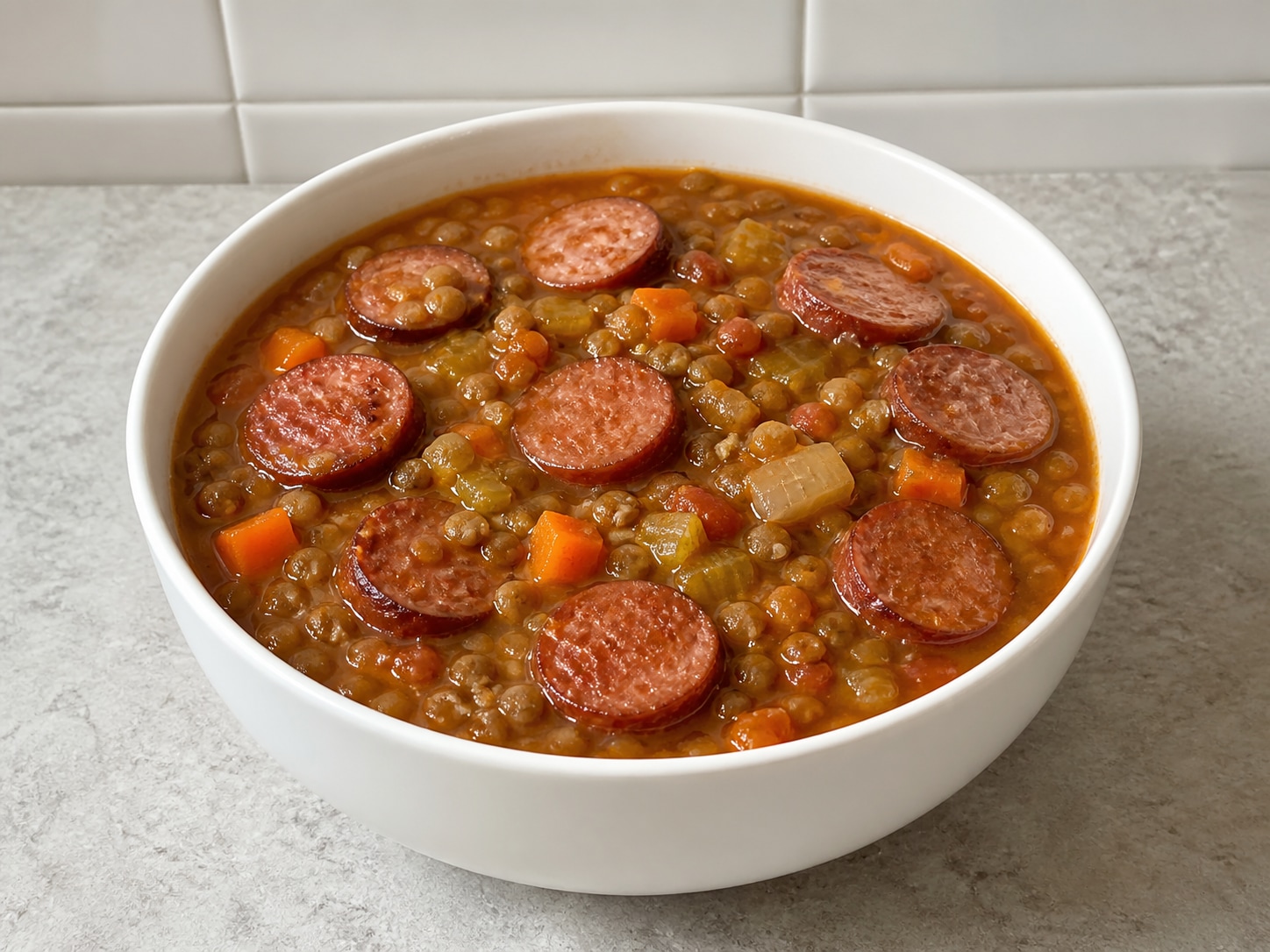 Italyanong Sopas ng Lentil at Sosis na tapos nang lutuin at inihain, na may tamang kulay, tekstura, at apat na bahagi.