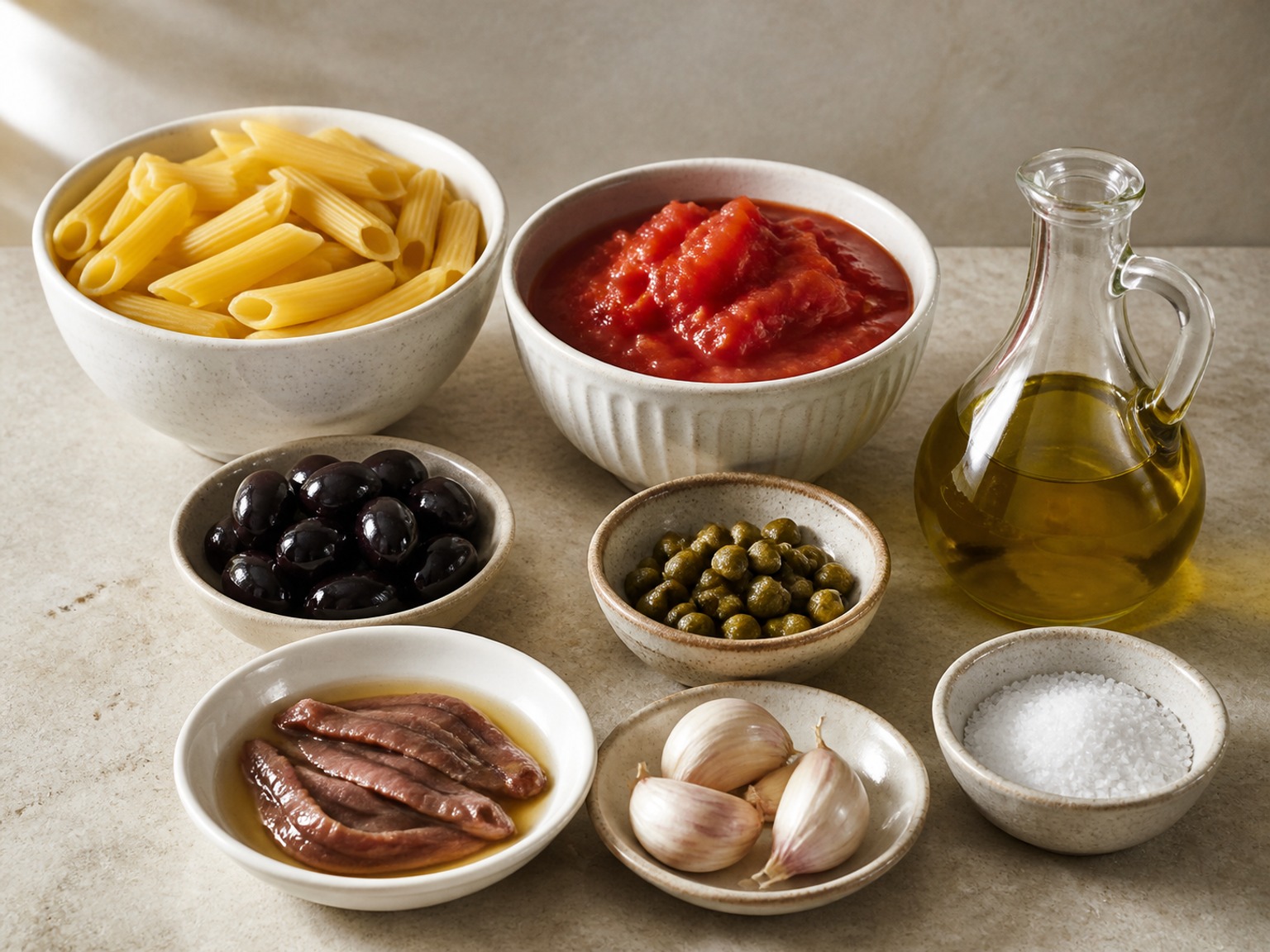 All measured ingredients for Italian Penne Puttanesca, separated in the recipe quantities before cooking.