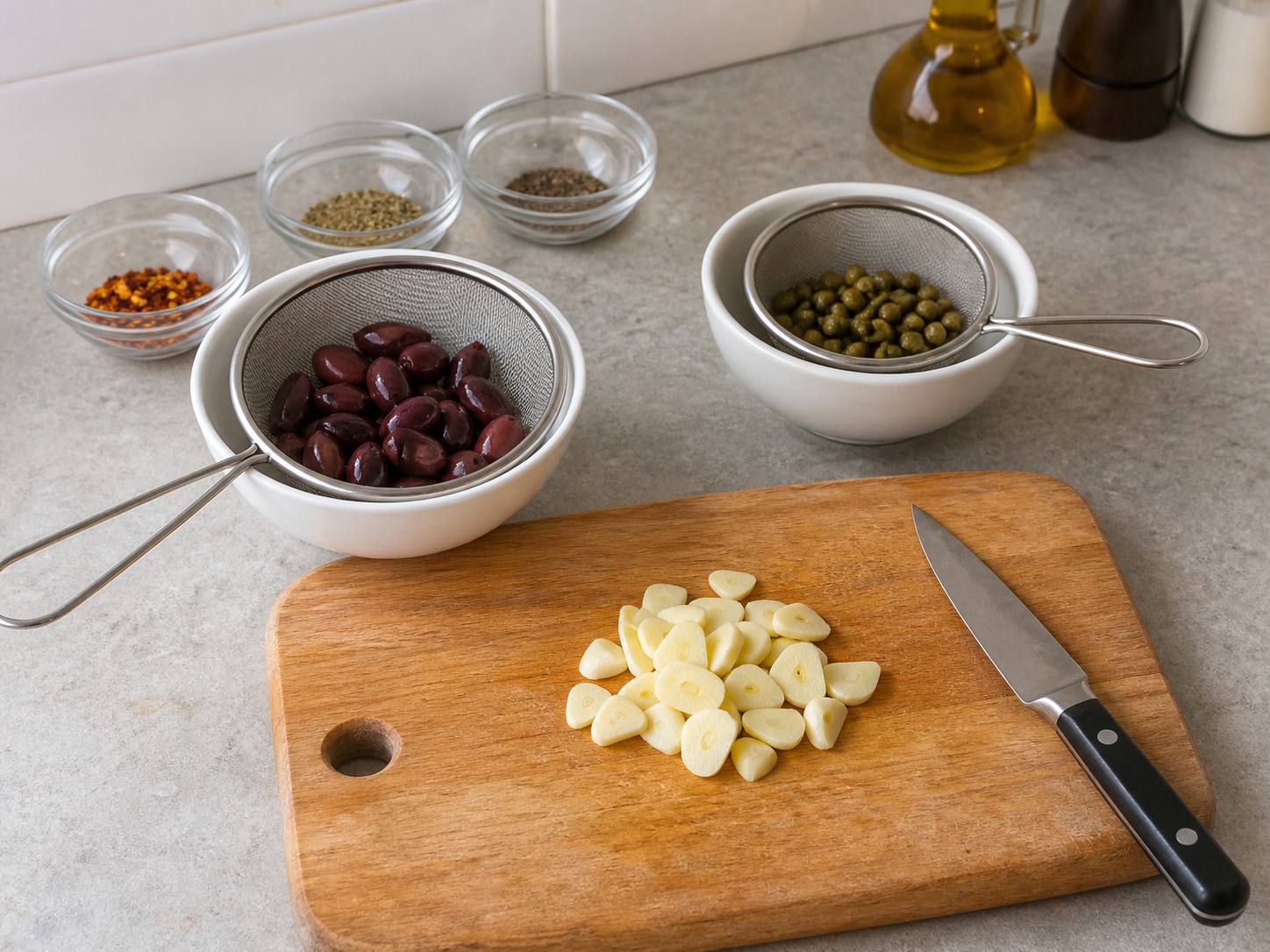 Italian Penne Puttanesca, step 2, Prepare the garlic, olives and capers: Thinly slice all 3 garlic cloves, drain 100 g black olives, and rinse and drain 2 tablespoons capers.