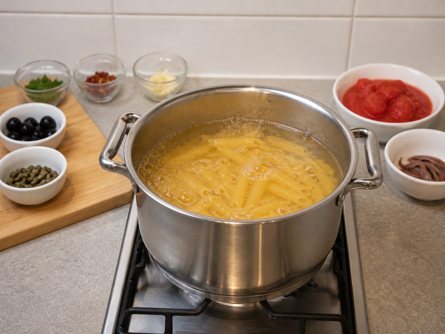 Italian Penne Puttanesca, step 4, Cook the penne until al dente: Add all 400 g penne to the boiling water, stir well, and boil for 10 minutes or until tender outside with a firm centre.