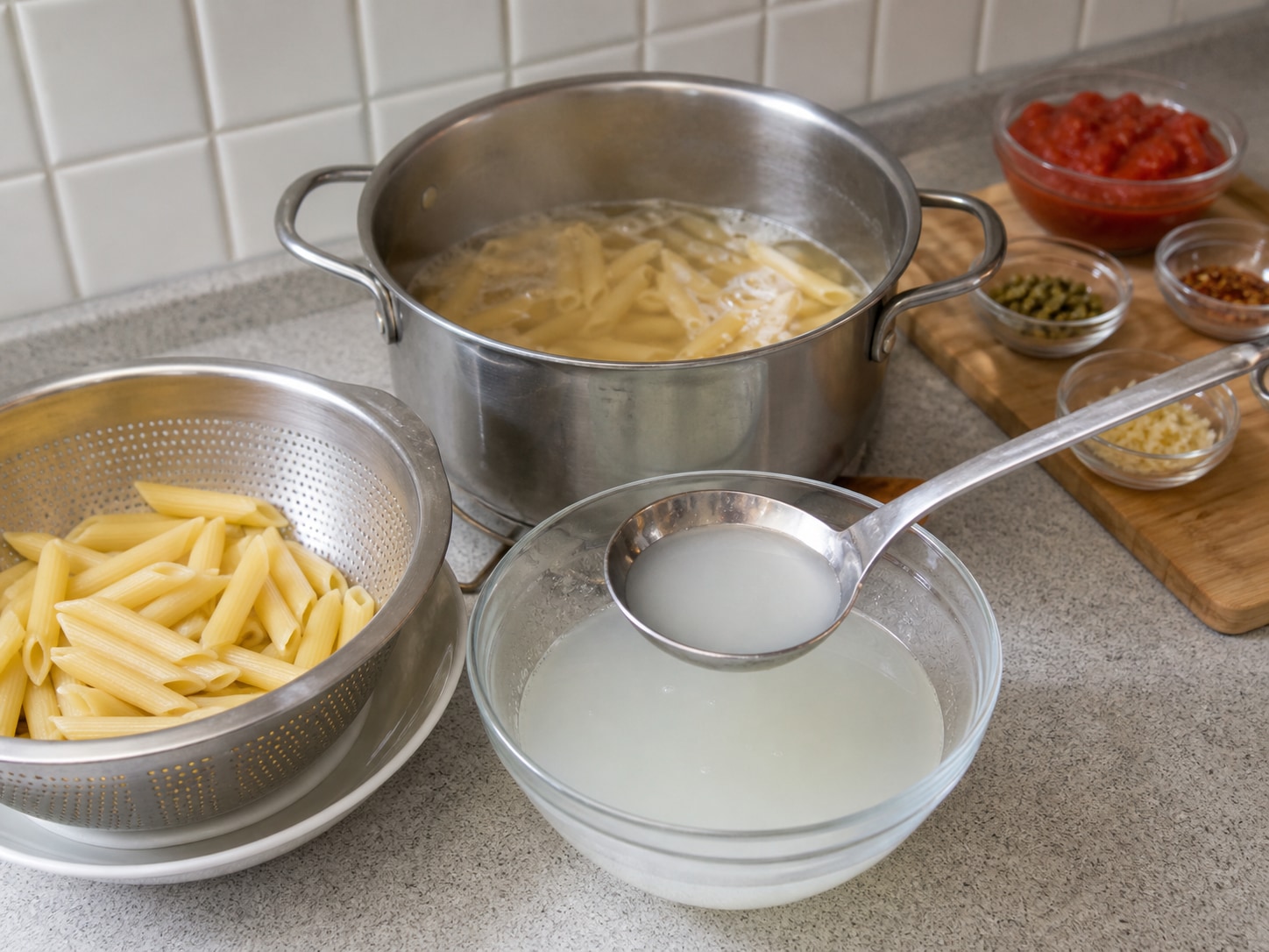 Italian Penne Puttanesca, step 5, Reserve pasta water and drain: Scoop out 200 ml starchy pasta water, then drain the penne thoroughly without rinsing.