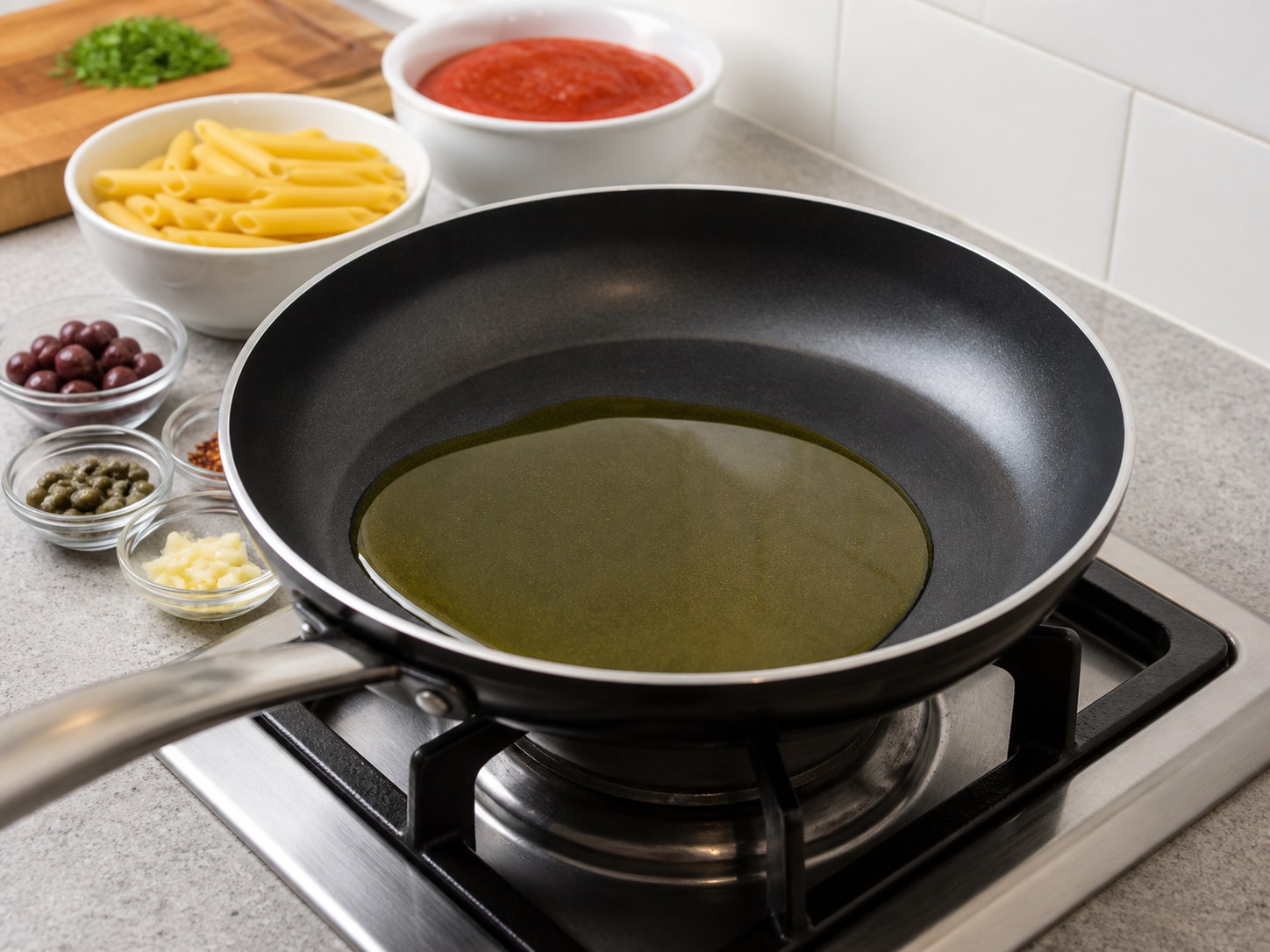 Italian Penne Puttanesca, step 6, Warm the olive oil gently: Heat all 2 tablespoons olive oil in a wide frying pan over medium-low heat for 1 minute until fluid but not smoking.
