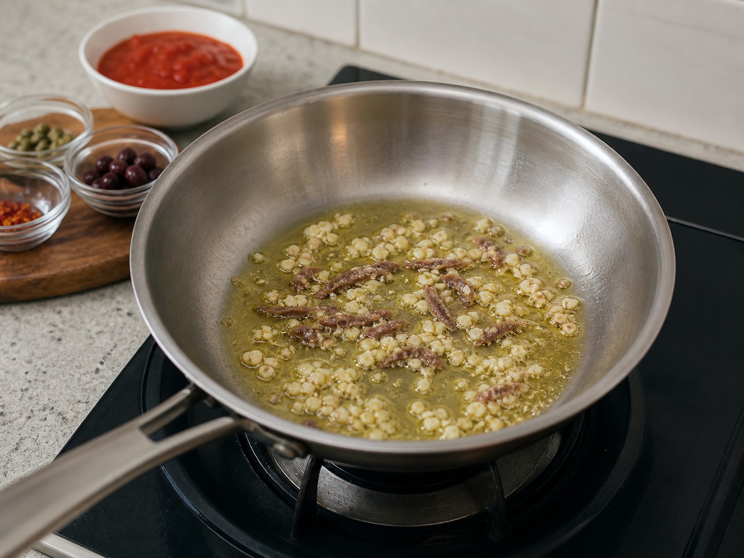 Italian Penne Puttanesca, step 7, Cook the garlic and anchovy paste: Add the sliced garlic and anchovy paste; stir over low heat for 2 minutes until the garlic is pale gold and the anchovy has dissolved.