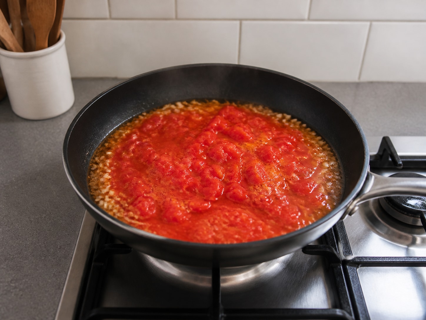 Italian Penne Puttanesca, step 8, Simmer the tomato base: Add all 400 g chopped tomatoes, raise to medium heat, and stir until the sauce reaches a gentle steady simmer.