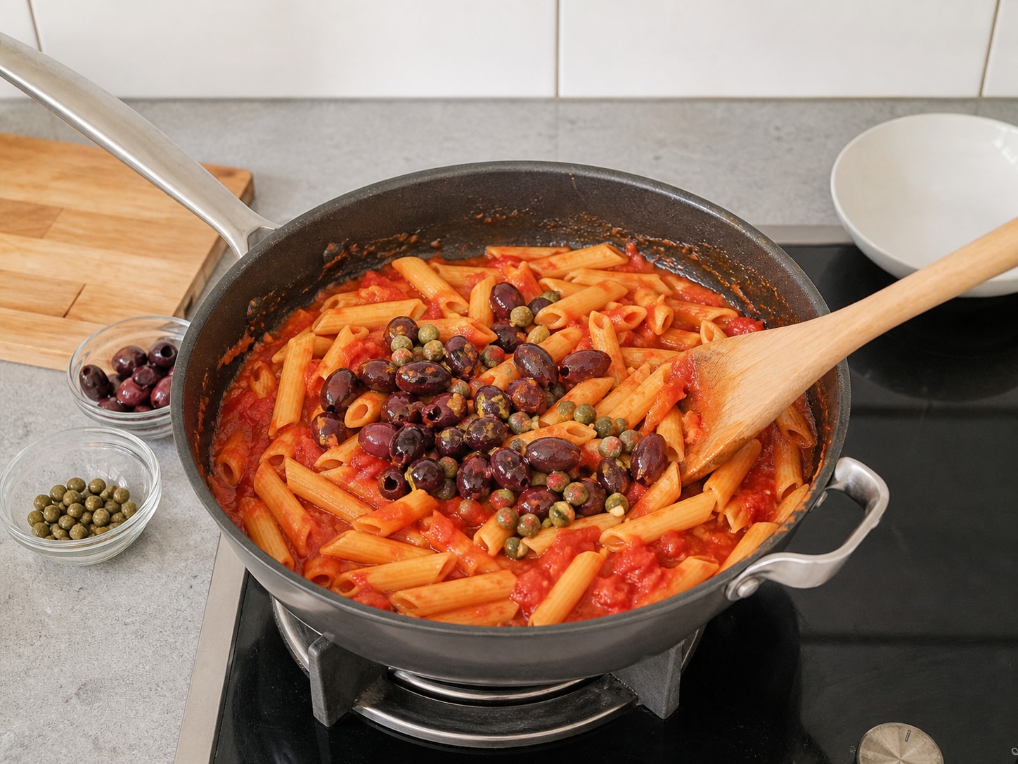Italian Penne Puttanesca, step 9, Add the olives and capers: Stir the drained 100 g olives and 2 tablespoons capers into the simmering tomato sauce until evenly distributed.
