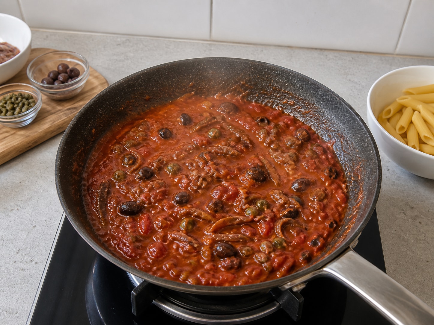 Italian Penne Puttanesca, step 10, Reduce the puttanesca sauce: Keep the sauce at a gentle simmer over medium-low heat for 8 minutes, stirring twice, until thick enough to leave a brief trail behind the spoon.