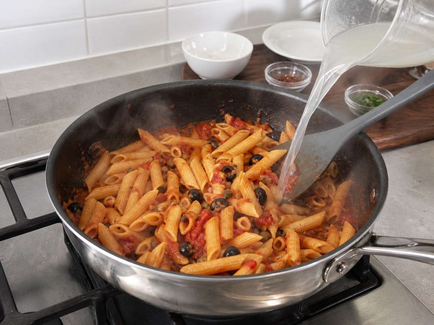 Italian Penne Puttanesca, step 11, Toss the penne through the sauce: Add the drained penne and 60 ml reserved pasta water; toss over medium heat for 2 minutes until the sauce clings to every tube, adding more water only by the tablespoon if dry.