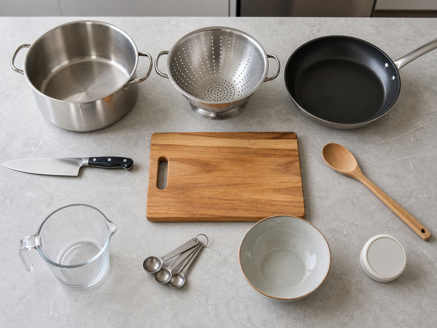 Tools required for Italian Penne Puttanesca: pot, colander, frying pan, knife, cutting board, wooden spoon, measuring cup, measuring spoons, serving bowl, timer, all clean, empty and separately visible.