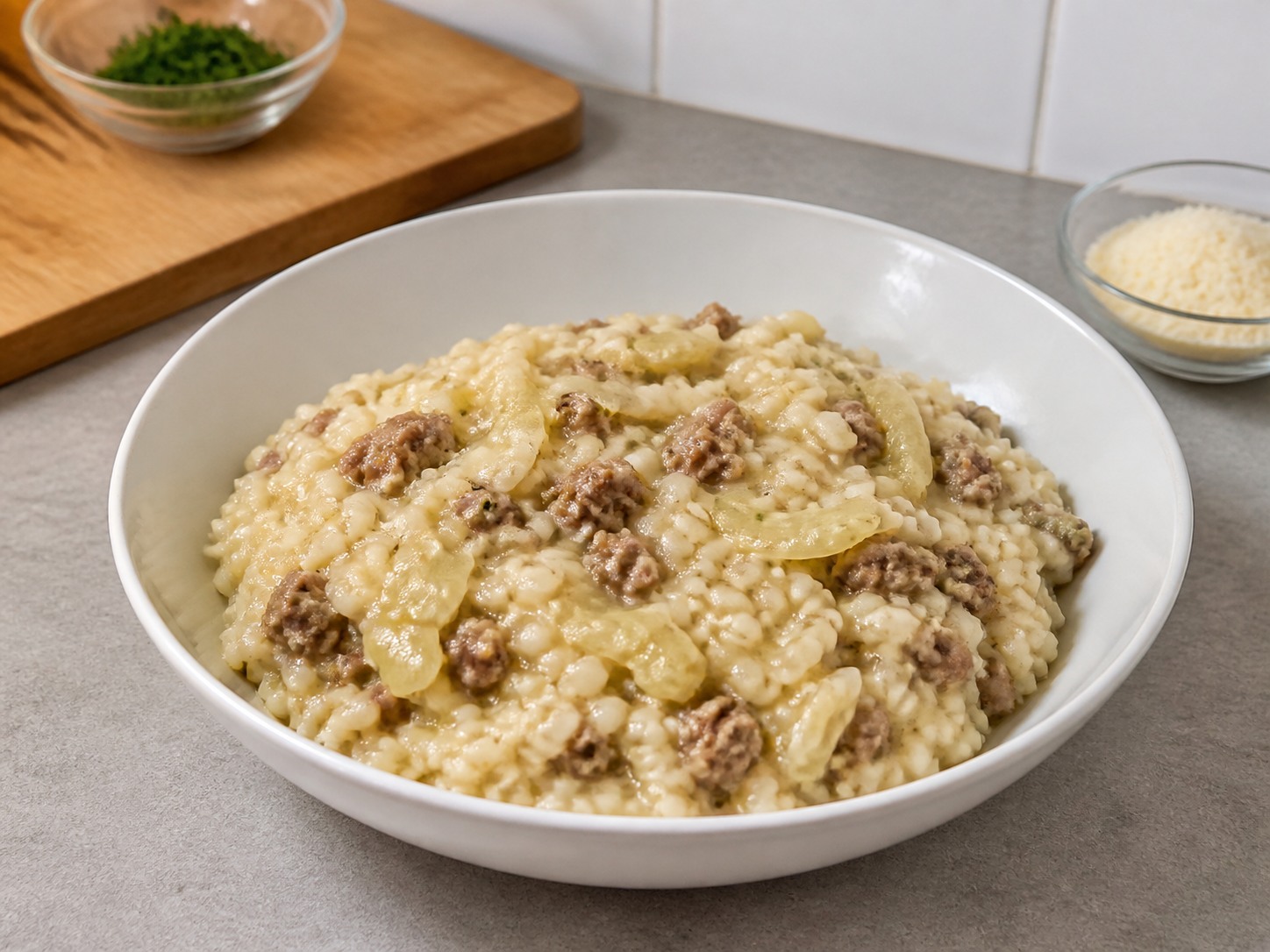 Risotto Sosis dan Adas Italia: Sosis Italia dan adas segar ditumis lalu dipadukan dengan risotto lembut yang dimasak perlahan memakai kaldu panas.