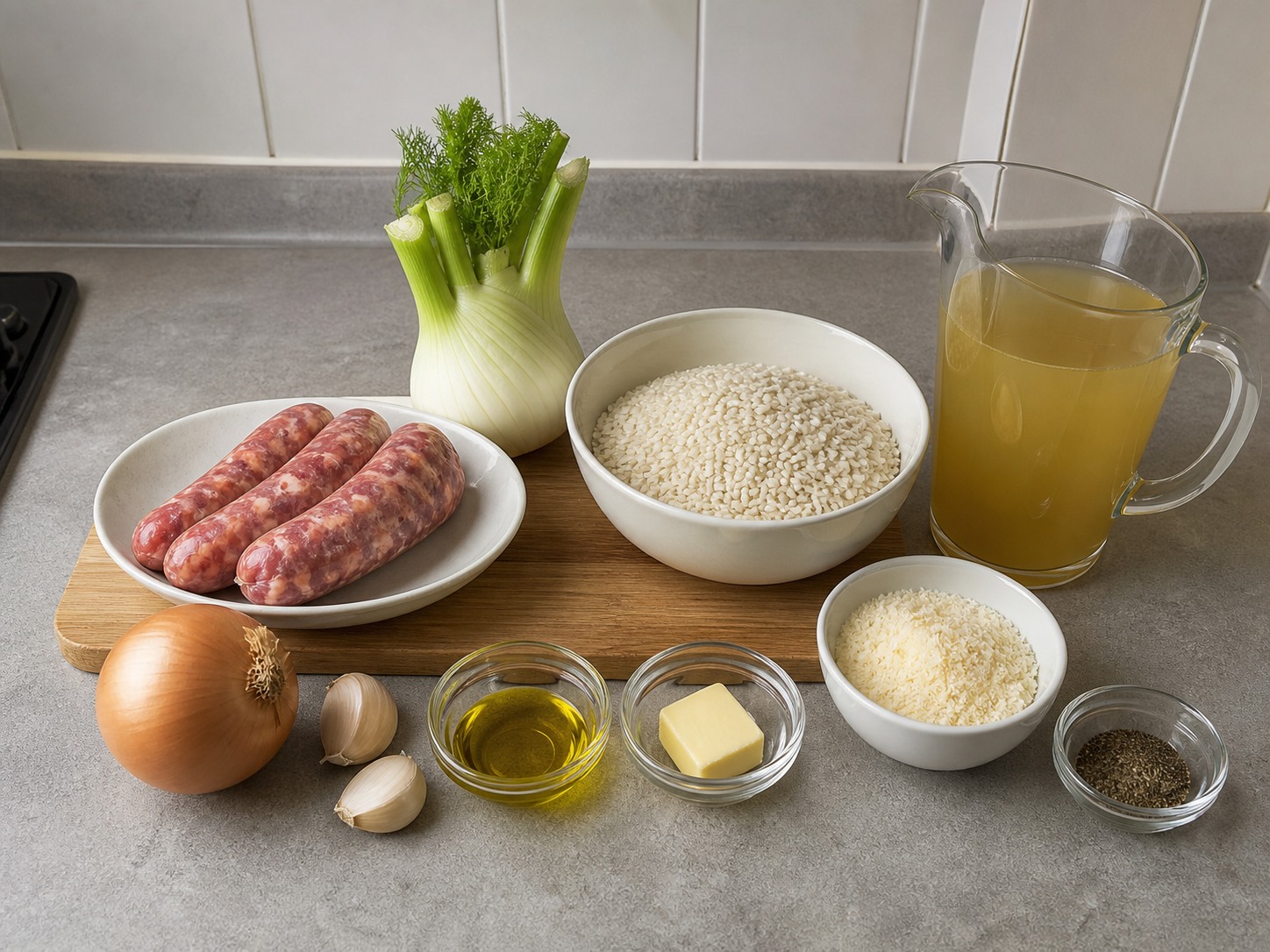 Italyanong Risotto na may Sosis at Haras: 300 g sausage na baboy, 1 piraso bombilya ng haras, 300 g bigas na Arborio, 1 piraso sibuyas, 2 piraso bawang, 1 kutsara olive oil, 1000 ml sabaw ng manok, 30 g mantikilya, 60 g Parmesan, ayon sa panlasa Dinurog na itim na paminta