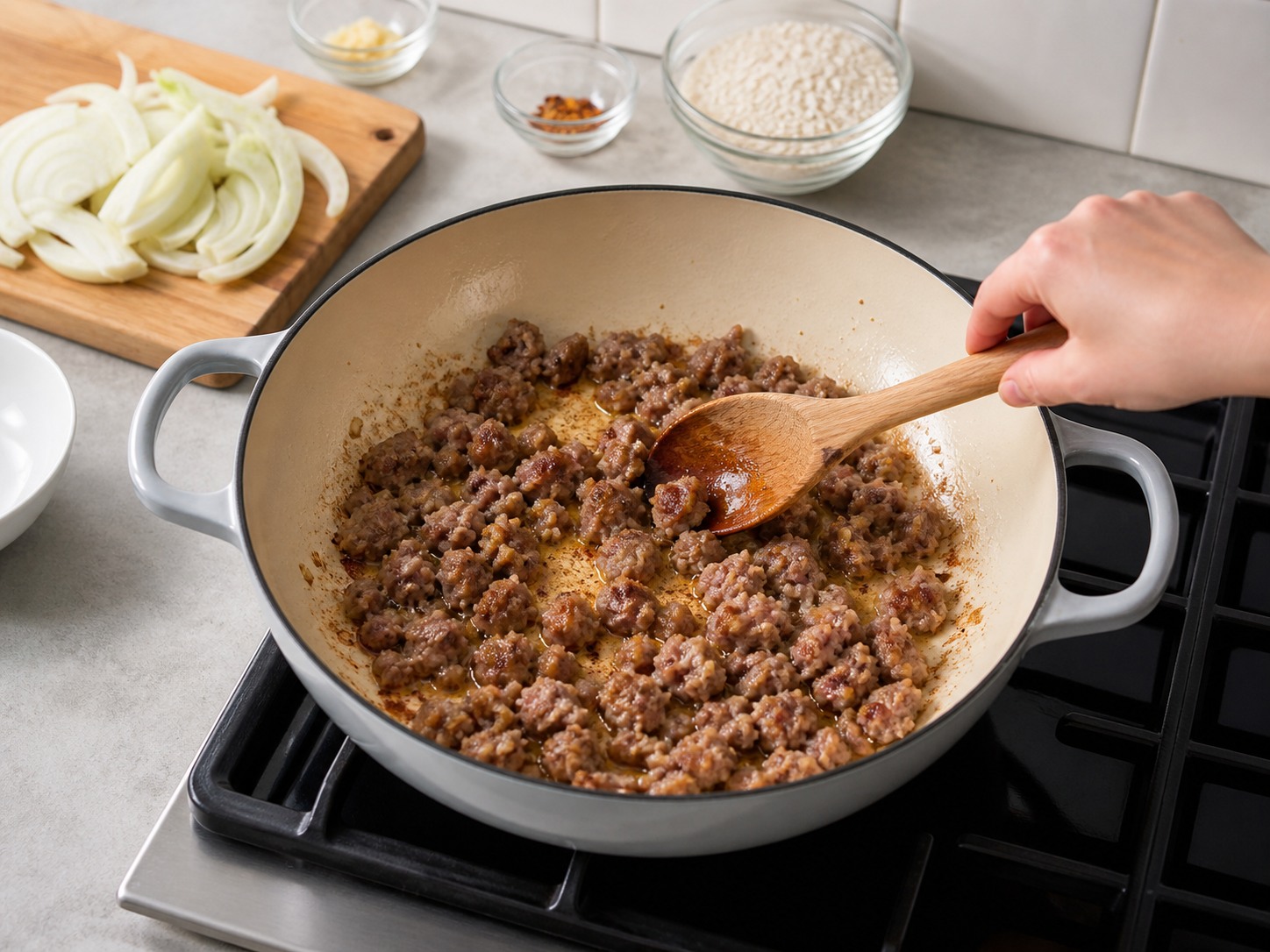 I-brown ang sausage sa olive oil nang 6 minuto habang dinudurog sa maliliit na piraso: I-brown ang sausage sa olive oil nang 6 minuto habang dinudurog sa maliliit na piraso. Gawin nang maingat, sundin ang init, oras at kalagayan ng sangkap, at tiyakin ang pagkakaluto bago magpatuloy.