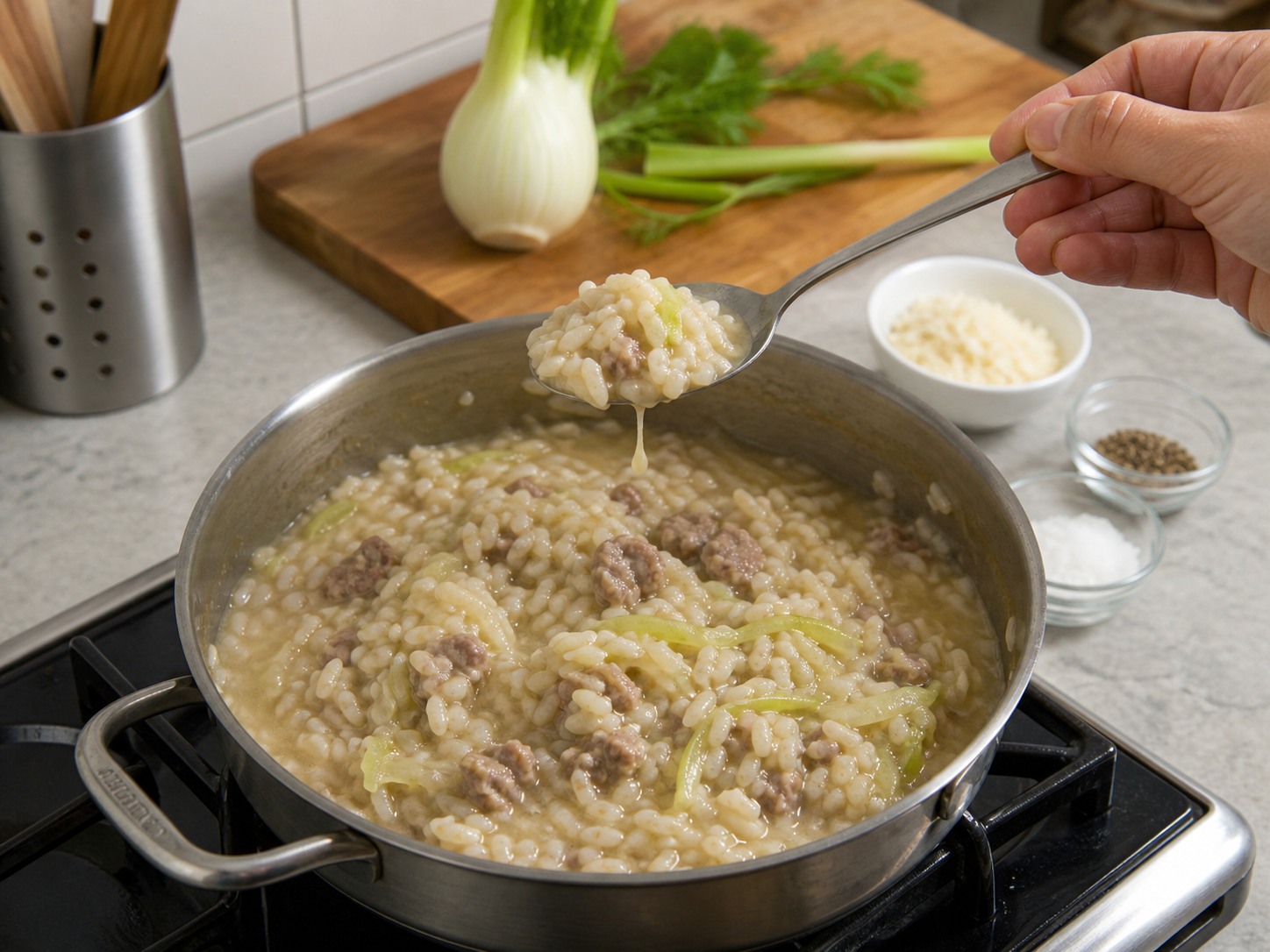 Tiyaking malambot ngunit bahagyang may kagat ang bigas at mabagal na dumadaloy ang risotto: Tiyaking malambot ngunit bahagyang may kagat ang bigas at mabagal na dumadaloy ang risotto. Gawin nang maingat, sundin ang init, oras at kalagayan ng sangkap, at tiyakin ang pagkakaluto bago magpatuloy.