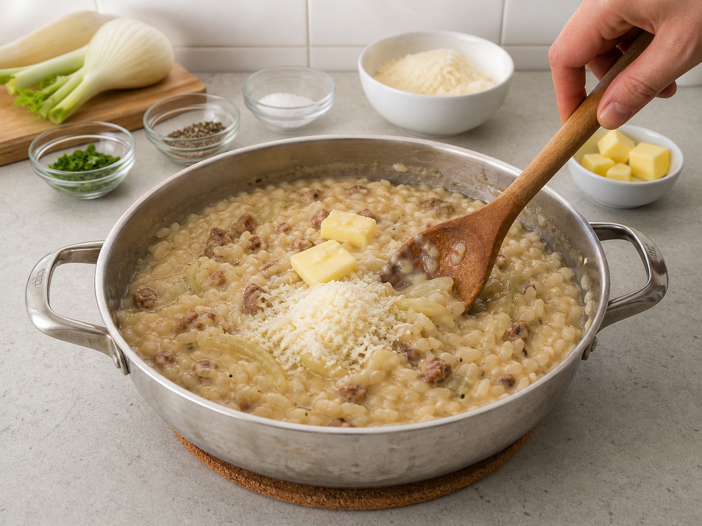 Patayin ang apoy at ihalo ang mantikilya at Parmesan hanggang makintab: Patayin ang apoy at ihalo ang mantikilya at Parmesan hanggang makintab. Gawin nang maingat, sundin ang init, oras at kalagayan ng sangkap, at tiyakin ang pagkakaluto bago magpatuloy.
