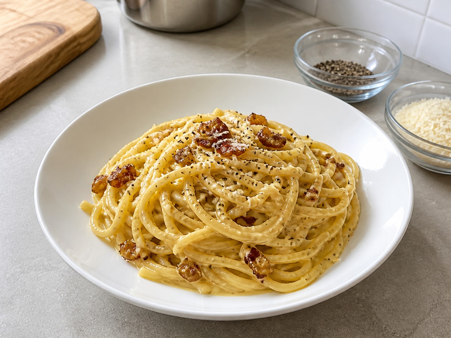 Italian Spaghetti Carbonara, finished and plated with the correct colour, texture and four-serving yield.