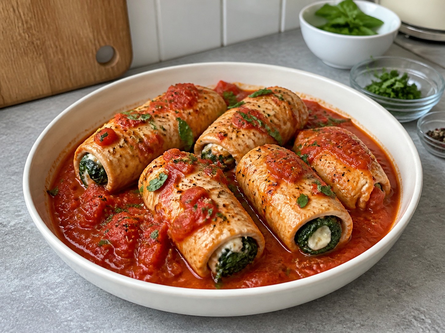 Involtini Kalkun dan Bayam Italia: Irisan kalkun tipis membungkus bayam dan keju lalu dimasak perlahan dalam saus tomat ringan.
